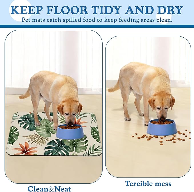 Boho Tropical Palm Pet Feeding Mat-Christmas Stocking Quick Dry Absorbent Dog Cat Food Mat, Non Slip Waterproof Bowl Placemat for Messy Eaters, Pet Accessories for Floors 16"x24"