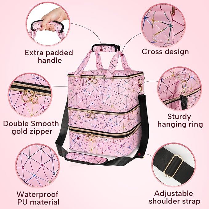 Nail Polish Organizer Bag Holds 84 Bottles & Nail Lamp, 3 Layers Nail Kit Storage Carrying Case Pu Leather, Large Nail Supplies Organizer With Shoulder Strap, Portable Travel Nail Bag,Pink