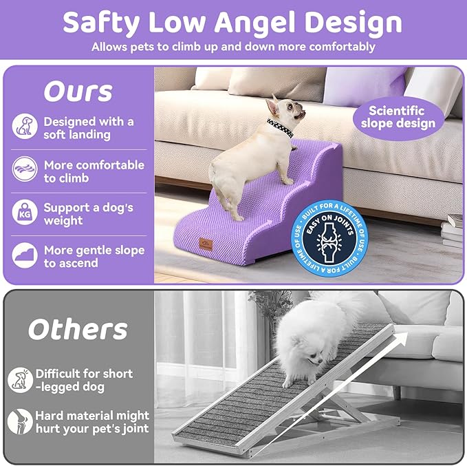 Zerbuger Dog Ramp and Stair for Bed 16" H-20 H,3-Step Cat Stair for Sofa and Chair,4-Step Dog Ramp for High Bed and Window,Durable Nonslip Fabric Stair for Indoor (Purple-16 H, Pet Friendly, 3)