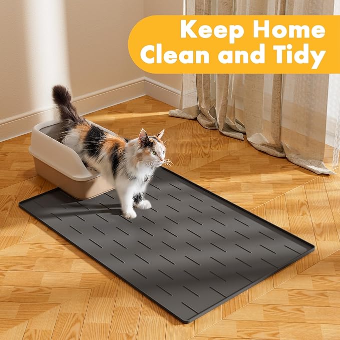 Pieviev Silicone Cat Litter Trapping Mat, 40''x28'' Extra Large Cat Litter Mat, Easy to Clean & Soft on Kitty Paws, Waterproof Kitty Litter Pads for Indoor Cats, Dark Gray