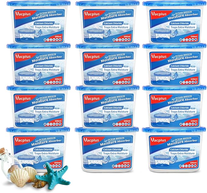 Vacplus Moisture Absorbers 12 Pack, 10.5 Oz, Humidity Absorber Boxes Attracts Extra Moisture from Your Bathroom, Closet, Kitchen, Dehumidifier for Closet (Ocean Scent), Light blue