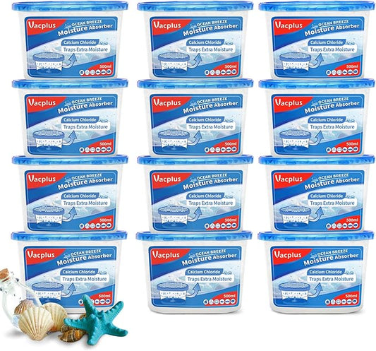 Vacplus Moisture Absorbers 12 Pack, 10.5 Oz, Humidity Absorber Boxes Attracts Extra Moisture from Your Bathroom, Closet, Kitchen, Dehumidifier for Closet (Ocean Scent), Light blue
