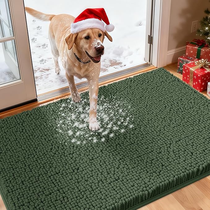 IM HOME Dog Door Mats for Muddy Paws, 36" X 24" Christmas Chenille Absorbent Doormat, Non Slip Heavy Dog Rugs for Muddy Paws, Soft Indoor Door Mat for Entryway, Mud Paw, Inside Floor, Olive