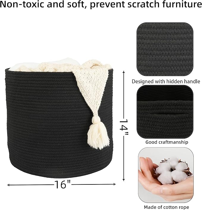 XUANGUO Cotton Rope Basket For Girls Boys Kids 16”X14” Baby Laundry Basket Nursery Bin Round Woven Baskets Organizer For Storage Toys Blankets Shoes Clothes black