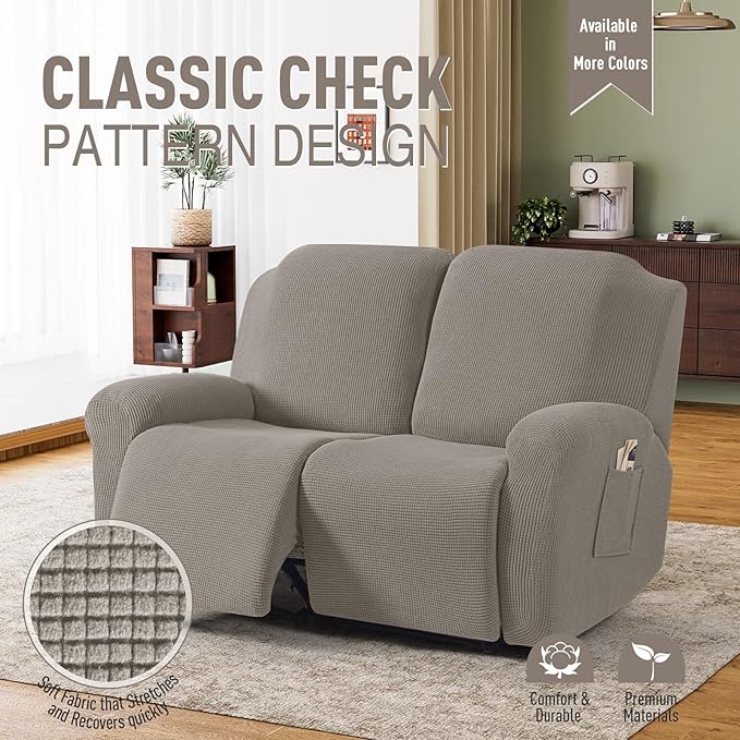 TAOCOCO Recliner Loveseat Slipcover, 6 Pieces Dual Recliner Sofa Covers for 2 Seat Dual Reclining Loveseat Couch, Stretch Soft Jacquard Pattern Furniture Protector with Elasticity (Pale Brown)