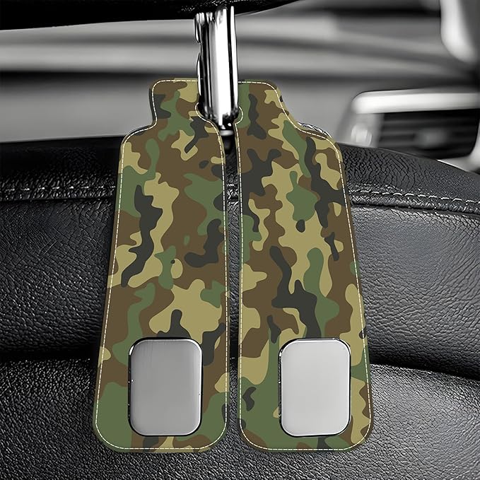 AEWNUNK Camouflage Car Headrest Purse Hanger Camo Hunting Forest 1 Pack Bag Purse Holder for Car Premium Leather Double Metal Hook for Handbags, Grocery Bags and Phones