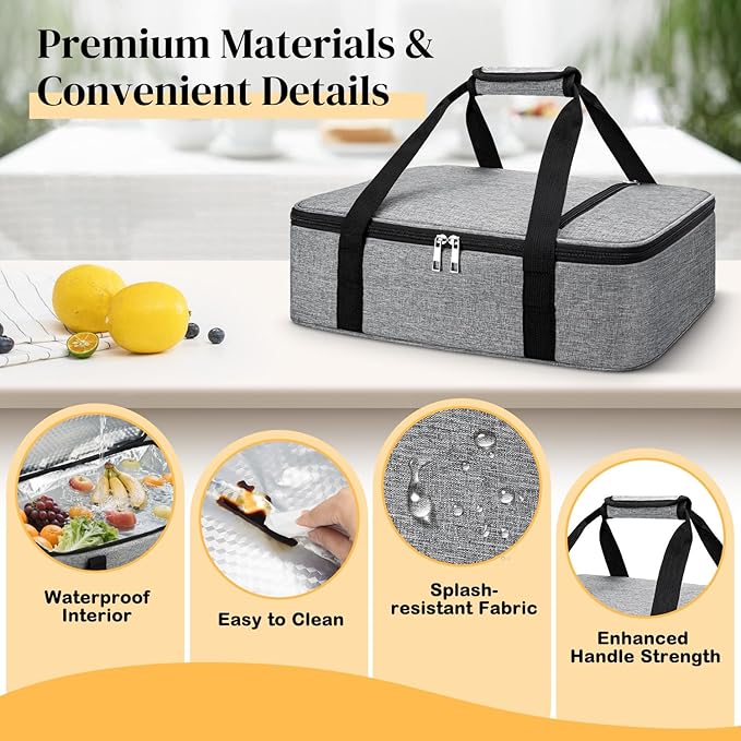 Coobiiya Double Decker Insulated Casserole Carrier – Portable Tote for Hot or Cold Food, Warmer & Cooler Bag Lunch Bag, Fits 9" x 13" Baking Dish, Ideal for Potluck Parties