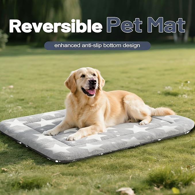 Fogkiss Dog Bed Mat, Reversible Dog Crate Pad with Washable Kennel Mat and Soft Foam, Pet Bed for Dogs & Cats, for Crates Carriers & Travel(Big&Small Stars Grey, 35" L*23" W*1.5" Th)