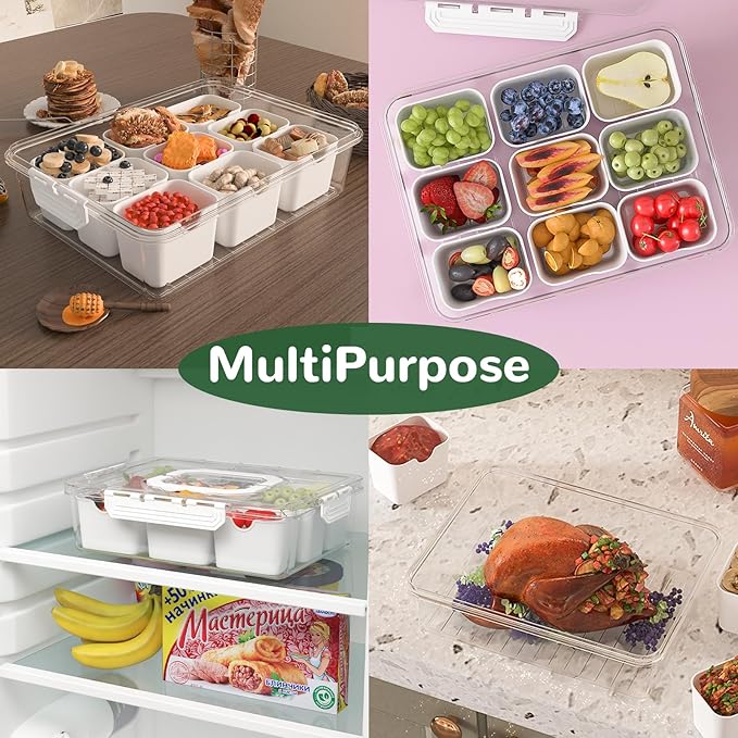 REBECAT Divided Serving Tray with Lid and Handles 9 Compartments Snack Box Container Charcuterie Organizer Snackle Box Container for Candy,Nuts，Fruits,Snacks,3 Pack,White