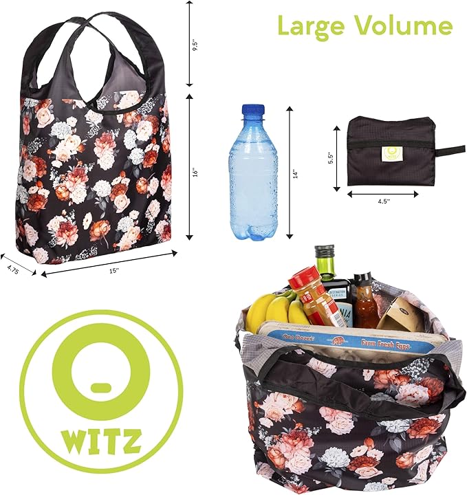 O-WITZ Reusable Grocery Bags | Vibrant Tote Bag For Groceries, Gym, Office, Beach, Toys & More | Washable Design With Large Handles For Maximum Convenience | Folds Into A Small Pouch, Vintage Black