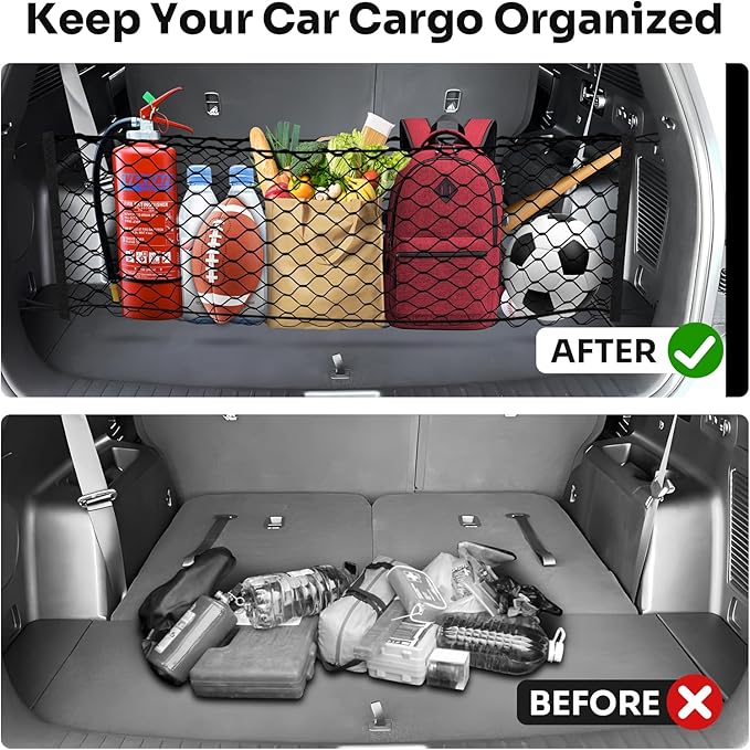 Trunk Cargo Net for 2014-2025 2026 Kia Sorento Accessories Envelope Style Mesh Trunk Net Organizer and Storage Stretchable Adjustable Elastic Nylon Rear Cargo Netting with Hooks