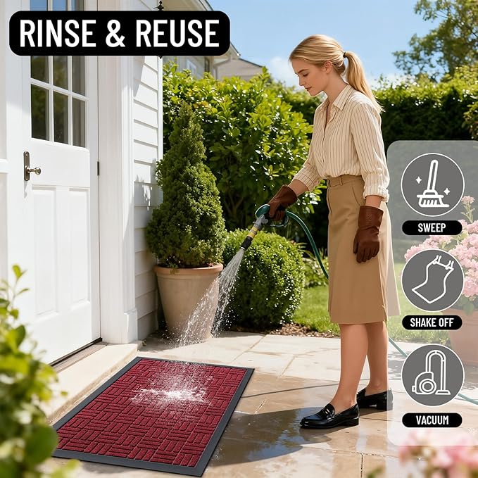 OLANLY Front Door Mat Outside Entrance 47x17, Absorbent, Heavy Duty Sturdy Natural Rubber Doormat Indoor Outdoor, Non-Slip, Stain and Fade Resistant, Low Profile Floor Mat for Entryway, Black Red