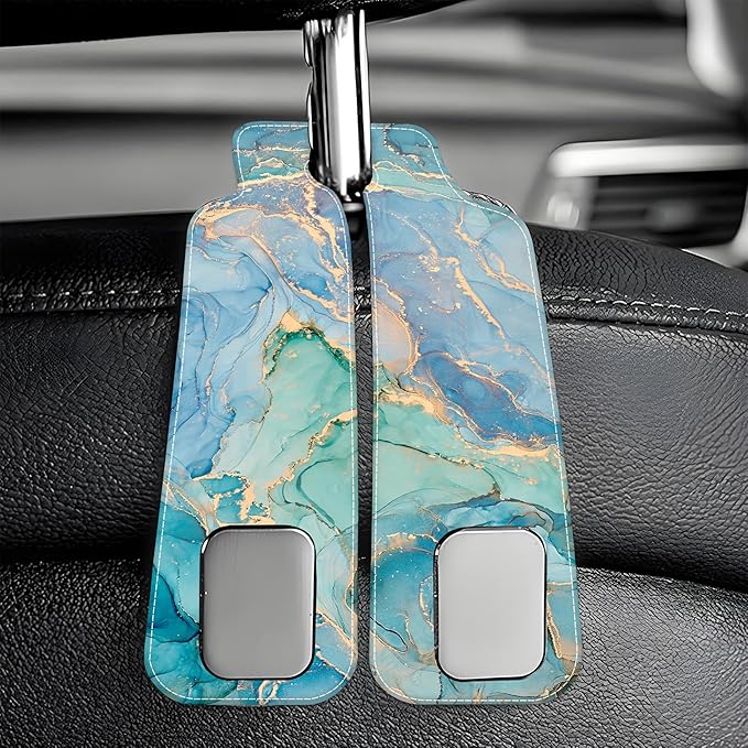 AEWNUNK Car Seat Headrest Hooks for Purses and Bags Abstract Turquoise Golden Marble 1 Pack Bag Purse Holder for Car with Double Metal Hooks Car Purse Hanger Hanging Accessories