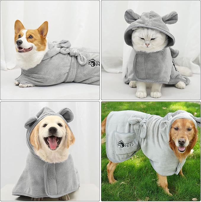 Ownpets Dog Bathrobe Towel, Super Absorbent Soft Dog Drying Robe with Cap & Pocket for Bathing & Beach Trips, Microfibre Fast Drying Dog Towel Robe for Dogs and Cats(Small)