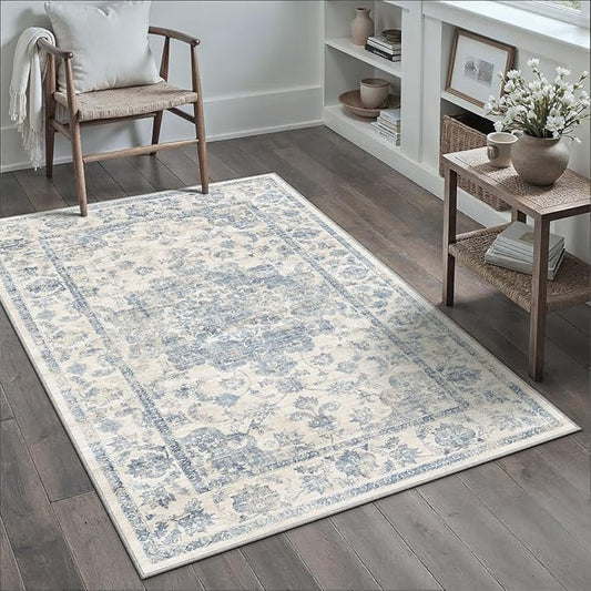 3x5 Washable Neutral Area Rug Blue Vintage Entryway Office Carpet Non-Slip Soft Low Pile Farmhouse Throw Rug for Entrance Living Room Bathroom Dining Room