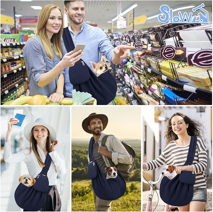 SlowTon Dog Carrier Sling - Thick Padded Shoulder Strap Adjustable Dog Carriers for Small Dogs, Puppy Carrier Purse for Pet Cat with Front Zipper Pocket Safety Belt Machine Washable (Navy Knitted, S)