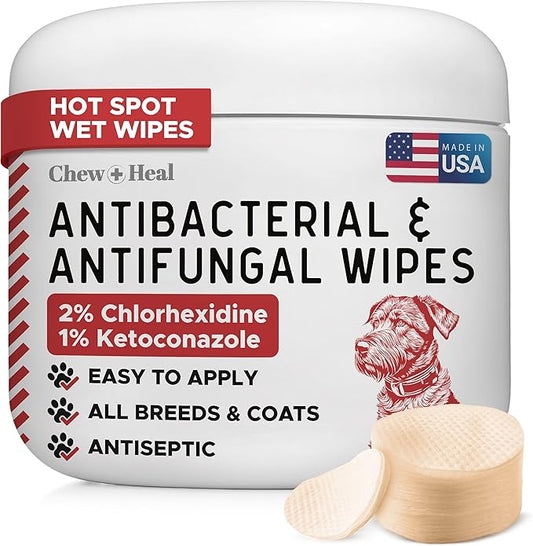 Chew + Heal Labs Dog Paw Wipes Antibacterial 50 Count - Antifungal Wipes for Dogs with 2% Chlorhexidine and 1% Ketoconazole - Good for All Breeds - Made in The USA