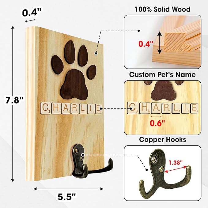 Personalized Dog Leash Holder Wall Mount, Pet Harness Hanger with Scrabble Letters, Dog Collar Organizer for Entryway, Memorial Cat Leash Holder for Wall, Pet Loss Gifts, Keepsake, Home Decor