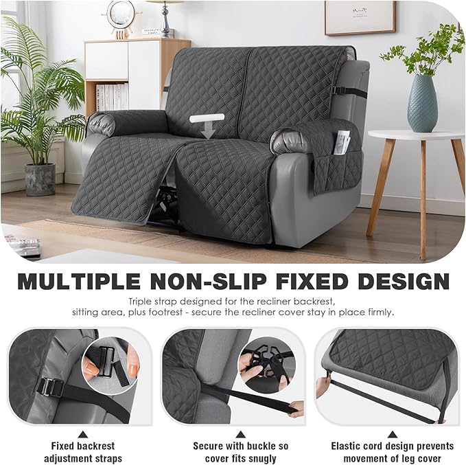 TAOCOCO 100% Waterproof Recliner Couch Covers, Recliner Sofa Covers with Leg Straps, 1-Piece Washable Reclining Sofa Cover with Pocket Couch Protector for Pets Kids(2 Seater, Charcoal Gray)