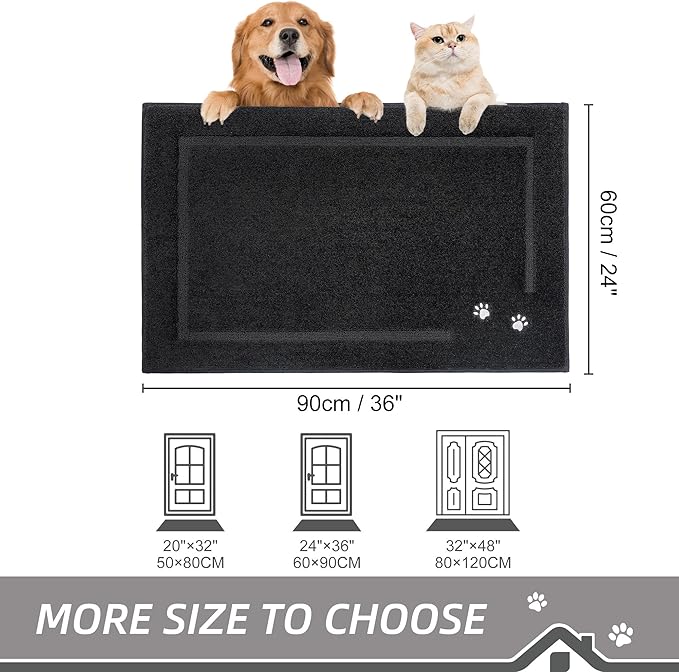 BEQHAUSE Dog Door Mat for Muddy Paws 24"x36" Dirt Trapper Absorbent Doormat Non Slip Entryway Rugs Washable Stain Resistant Welcome Floor Mat Soft Low-Profile for Front Back Door, Black
