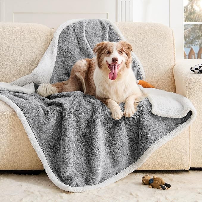 Dog Blanket Waterproof, Reversible Faux Fur & Sherpa Pet Throw for Couch & Sofa Protection, Soft Plush Dog Blankets for Large Dogs, 50"x60", Black