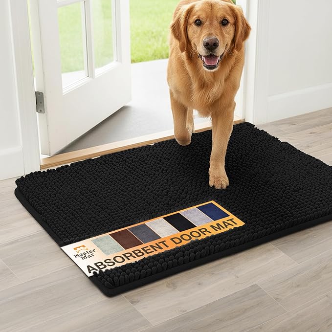 Neater Pets Chenille Dog Door Mat 36” x 24” – Super Absorbent & Quick-Dry Muddy Paws Doormat for Trapping Dirt, Water, Mud - Non-Slip & Machine Washable Pet Rugs for Entryway, Indoor Mud Mats, Black