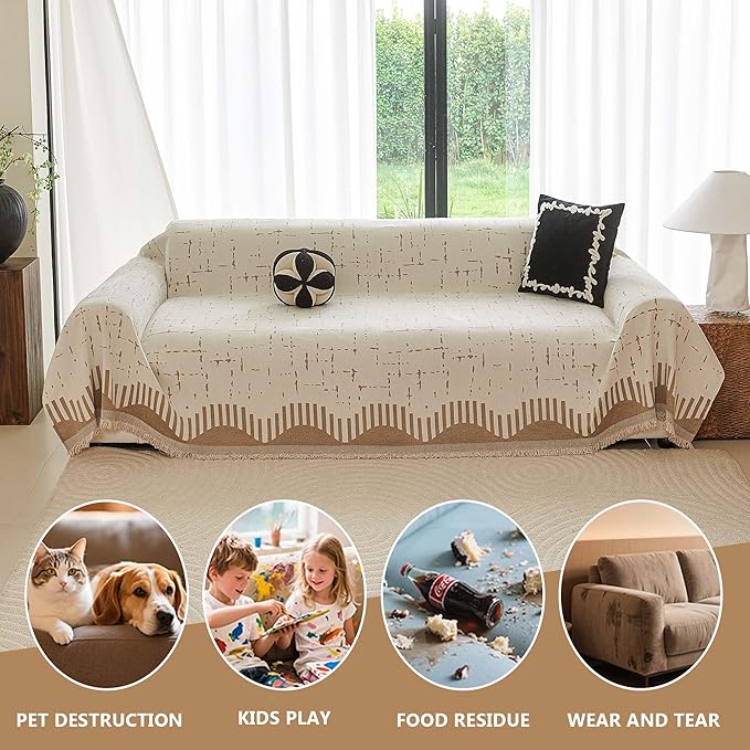 Boho Couch Cover for Dogs - Pet Proof Sofa Covers for 2 Cushion Couch, Non-Slip Chenille Sofa Slipcover, Pet Friendly Furniture Cover Fits Love Seat, 71"x118", Light Brown