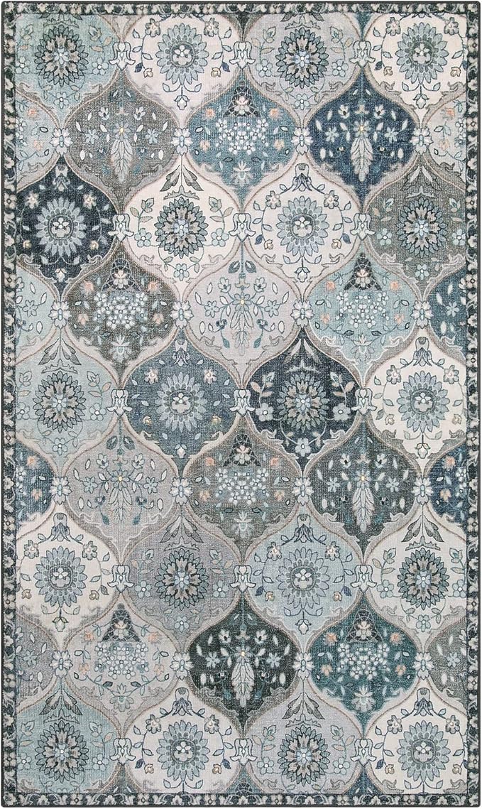Lahome Moroccan Trellis Washable Rugs, 3x5 Area Rug for Bedroom Living Room, Indoor Non-Slip Small Oriental Accent Throw Carpet for Kitchen Entryway Bathroom Office Elise, Blue