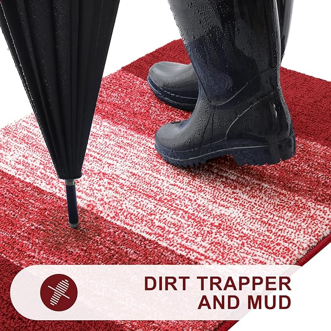 Kitinjoy Indoor Outdoor Door Mat, 47x24 Non-Slip Absorbent Dirt Trapper, Low-Profile Washable Inside Entrance Front Floor Mat, Sturdy Soft Entry Doormats for Entryway, Burgundy