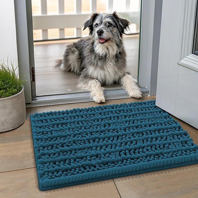 Smiry Dog Door Mat for Muddy Paws 24x16, Extra Soft Absorbent Chenille Doormat, Trap Moisture and Dirt, Non-Slip Machine Washable Front Door Mat for Indoor Entrance Inside Floor, Atlantic Blue