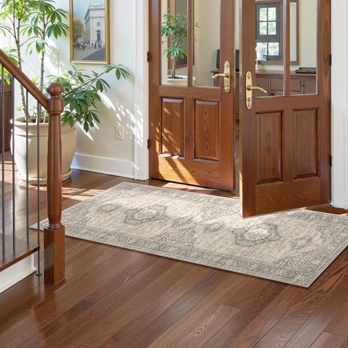 Lahome Oriental Washable Runner Rug Non Slip, 2x7 Rug Runners for Hallways Kitchen, Ultra-Thin Hallway Rugs for Laundry Room Bathroom Bedroom Eleanor, Grey/Brown