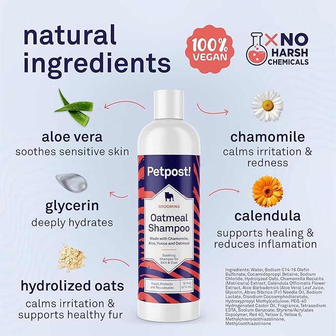 Petpost | Oatmeal & Chamomile Dog Shampoo. Soothes Dry, Sensitive Skin, Moisturizes & Softens Coat with Aloe & Yucca. 16 oz