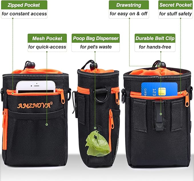 AMZNOVA Dog Treat Bag Treatkit Dog Treat Pouch, Waist Clip On Crossbody Fanny Pack for Pet, Training Pouch with Shoulder Strap & Waist Belt for Walking & Training, 6Cups, Black