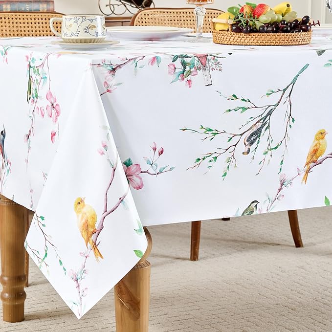 Romanstile Spring Rectangle Vinyl Tablecloth, 100% Waterproof Oil-Proof Plastic Table Cloth, Heavy Duty Vinyl Table Cover for Dining, Camping, Picnic, Outdoor - 54 x 78 Inch, Bird