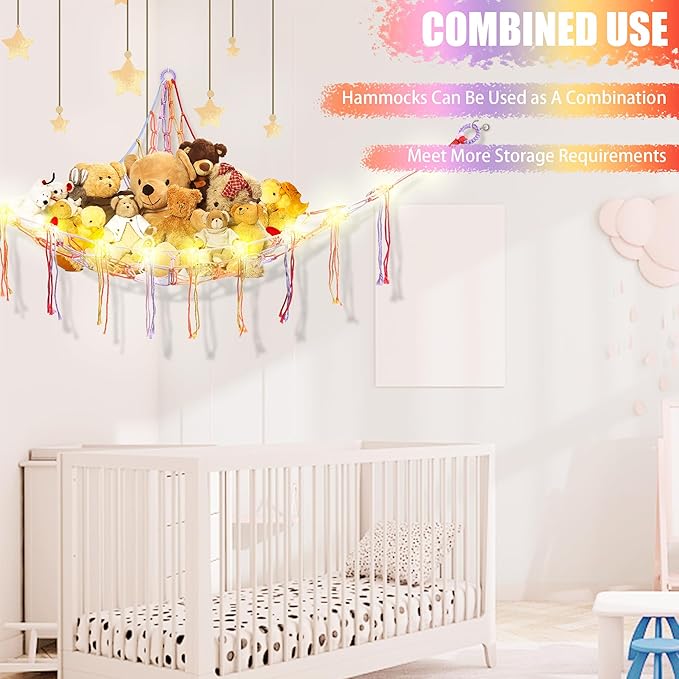 CERETIA Stuffed Animal Hammock with LED Light, Large Stuffed Animals Storage Corner Plushie Net for Kids Room Decor, Jumbo Rainbow