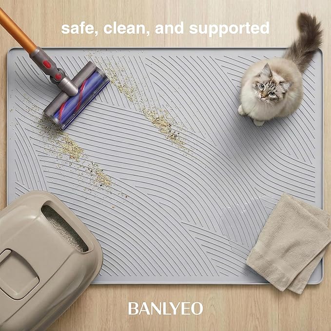 BANLYEO XL Cat Litter Mat - 40x30 in, Water Proof, US Designed Kitty Litter Trapping Mat, Easy to Clean, Scatter Control, Odorless, Less Mess and Clean Floors, Pet Supplies for Indoor Cats, Light Gray