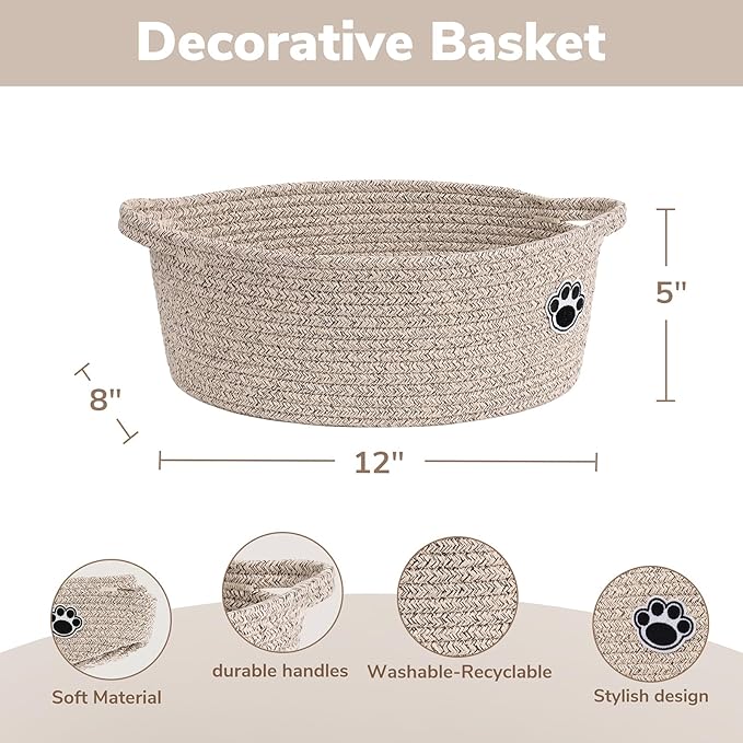 Dog Toy Basket, Woven Rope Storage Basket for Cat Toys, Diapers, Towels, Small Baby Gift Baskets for Living Room Nursery, Brown