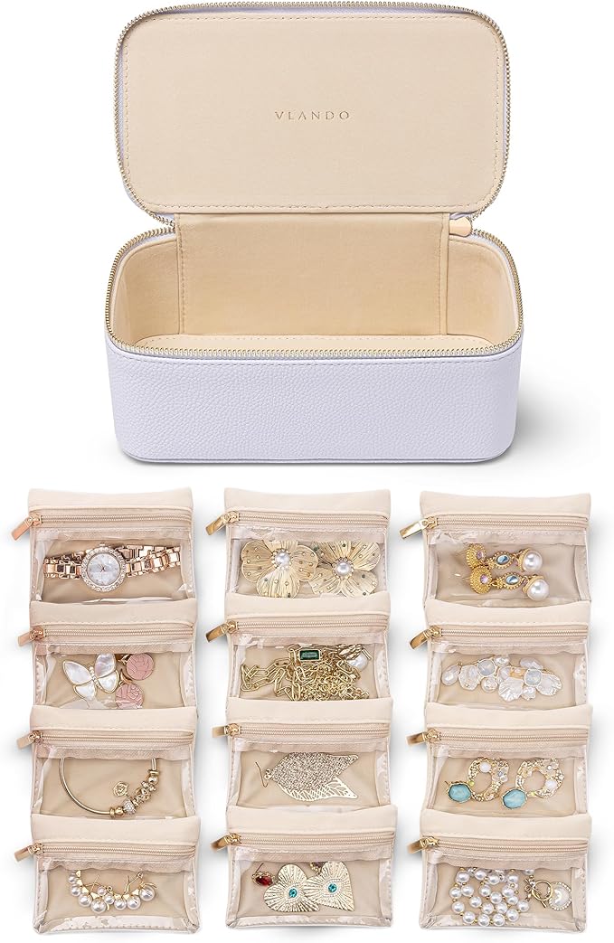 Vlando Jewelry Travel Case,Travel Jewelry Organizer with Clear Velvet Jewelry Bags 12Pcs Zipper Pouch for Women Earrings Organizers-Purple