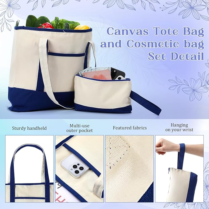 Sanwuta Canvas Tote Bags Bulk with Outer Pocket and Makeup Pouch 18'' Reusable Grocery Bags with Handles for Women Beach DIY