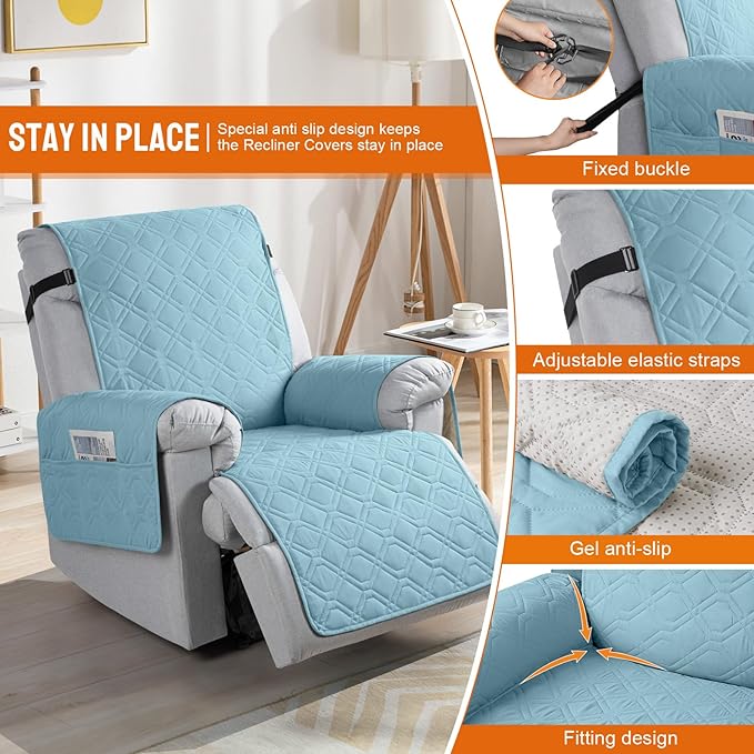 VANSOFY 100% Waterproof Recliner Chair Covers, Recliner Cover Non-Slip Dog Chair Cover Furniture Protector Washable Slipcover with Pocket, Elastic Straps for Pets, Dogs(Azuree, 28")