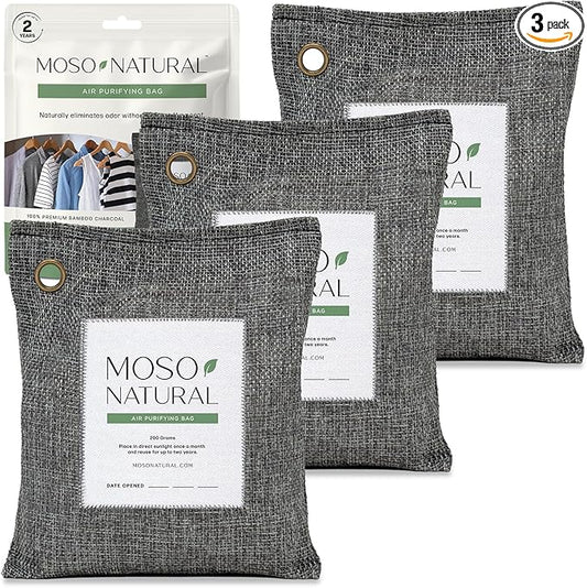 Moso Natural Air Purifying Bag 200g (3 Pack) Bamboo Charcoal Odor Absorber for Home & Car | Closet Odor Eliminator, Small Room Deodorizer & Car Air Freshener | Long Lasting Charcoal Bags Cover 90sqft