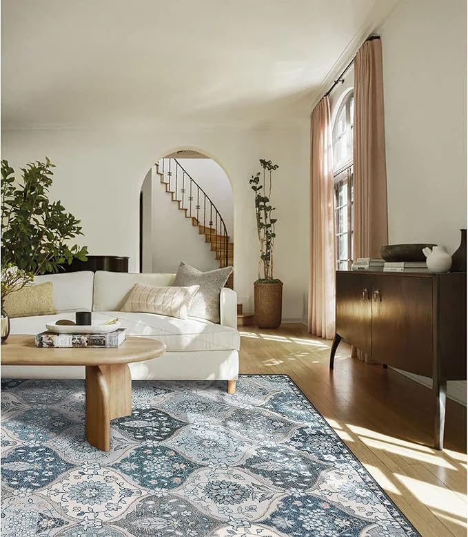Lahome Moroccan Trellis Washable Area Rug, 5x7 Rugs for Living Room Bedroom, Indoor Non-Slip Oriental Accent Throw Large Carpet for Kitchen Entryway Bathroom Office Elise, Blue