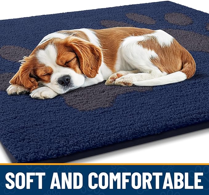 Smiry Dog Door Mat for Muddy Paws, Absorbs Moisture and Dirt, Low-Profile Entryway Mat with Non-Slip Backing, Entry Indoor Outdoor Doormat for Inside Floor (30x20 Inches, Navy Blue, Paw)