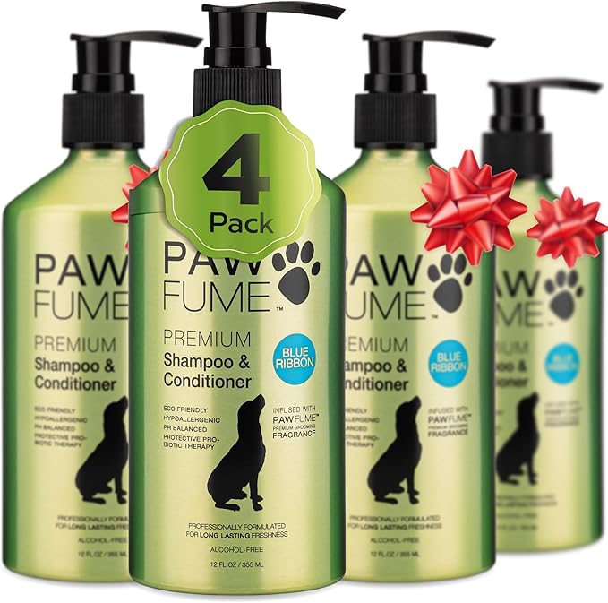 PAWFUME Dog Shampoo and Conditioner, Blue Ribbon, 4-Pack – Nourish & Detangle for a Silky Soft Coat – Probiotic, Deep-Cleaning, pH-Balanced Formula – Puppy Shampoo and Conditioner for All Breeds
