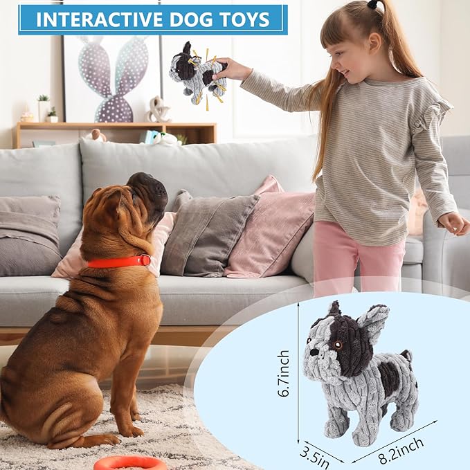 Letsmeet Dog Toys Plush Interactive Dog Toy with Crinkle Paper and Squeaker, Reduce Boredom and Anxiety, Cute Dog for Small Medium Large Dogs, Grey