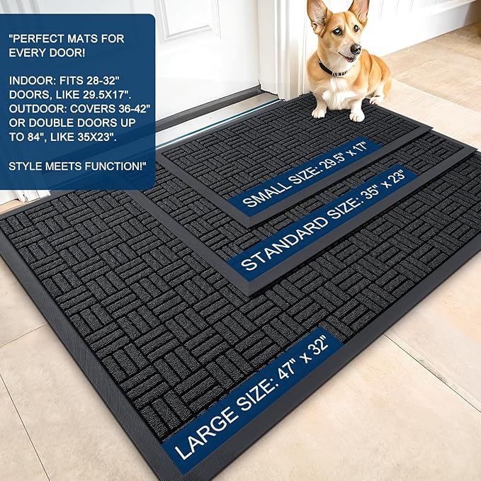 OLANLY Front Door Mat Outside Entrance 35x23, Absorbent, Heavy Duty Sturdy Natural Rubber Doormat Indoor Outdoor, Stain and Fade Resistant, Non-Slip Backing Low Profile Floor Mat for Entryway, Black