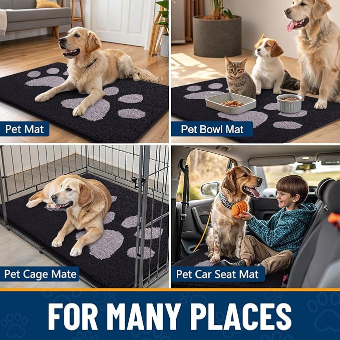 Smiry Dog Door Mat for Muddy Paws, Absorbs Moisture and Dirt, Low-Profile Entryway Mat with Non-Slip Backing, Entry Indoor Outdoor Doormat for Inside Floor (30x20 Inches, Black and Grey, Paw)