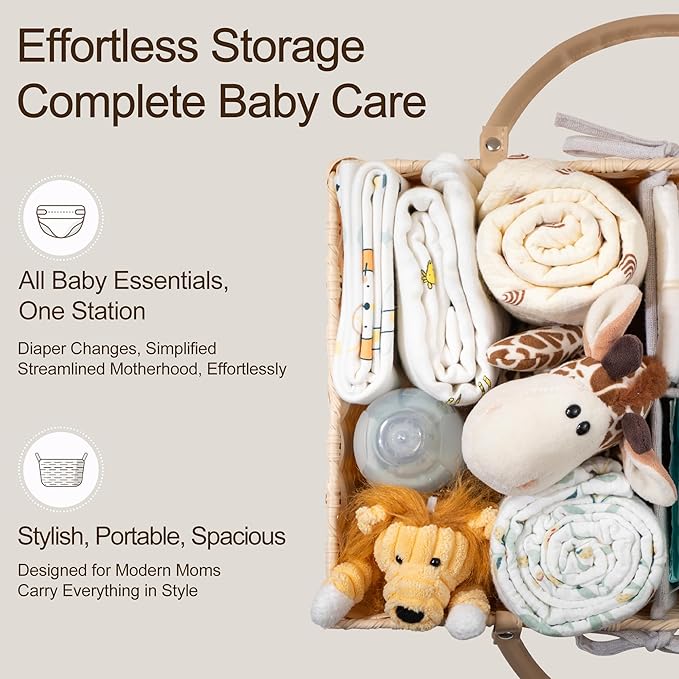 HBlife Diaper Caddy Organizer, Washable Waterproof, Portable Plastic Wicker Woven Basket with Divider, Nursery Diaper Station, Baby Shower Gifts Basket & Car Organizer