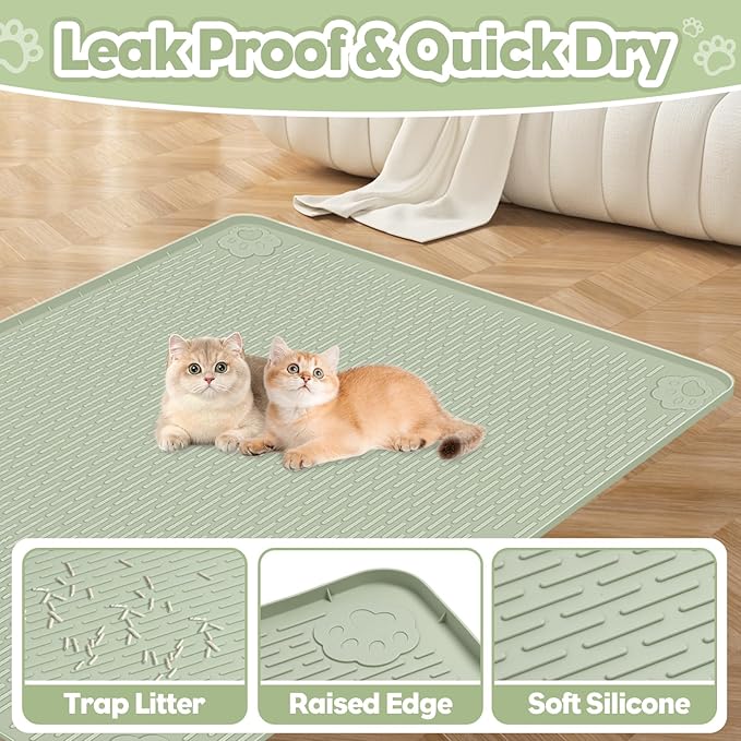 Bartuke Cat Litter Mat, Extra Large 40" x 28" Silicone Mat Litter Trapping Mat for Scatter Control, Soft on Kitty Paws, Easy to Clean (Green)