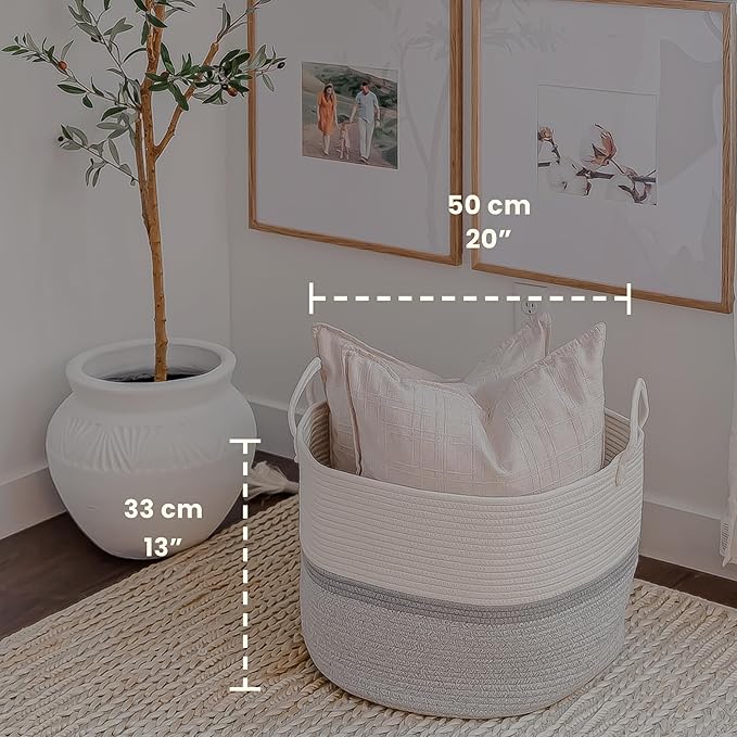 OrganiHaus Large Woven Storage Basket for Blankets and Toys 20" x 13" Inch, Rope Laundry Basket with Handles, Cushions & Pillows Storage Bin, Nursery Hamper, Soft Round Dog Toy Bin - Gray Stripe